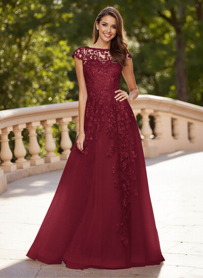 Dreamy Illusion Neck Cap Straps A-Line Sweep Train Lace/Tulle Prom Dresses