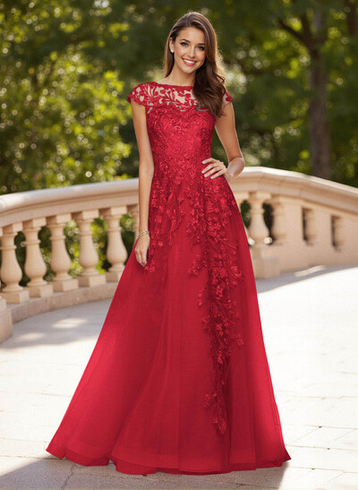 Dreamy Illusion Neck Cap Straps A-Line Sweep Train Lace/Tulle Prom Dresses