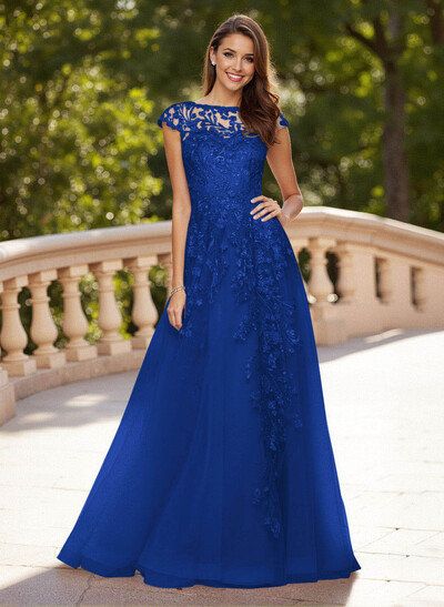 Dreamy Illusion Neck Cap Straps A-Line Sweep Train Lace/Tulle Prom Dresses
