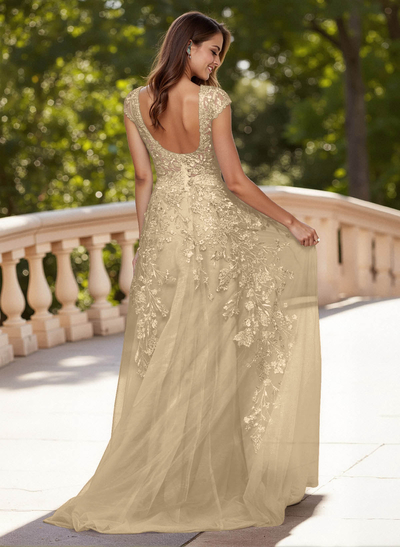 Dreamy Illusion Neck Cap Straps A-Line Sweep Train Lace/Tulle Prom Dresses