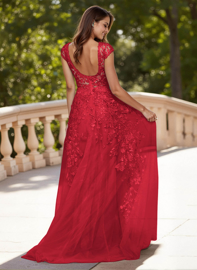 Dreamy Illusion Neck Cap Straps A-Line Sweep Train Lace/Tulle Prom Dresses