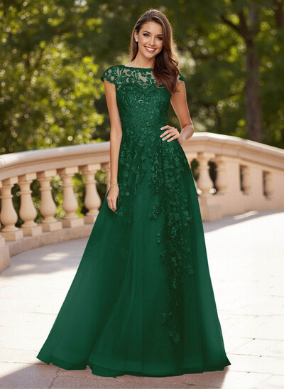 Dreamy Illusion Neck Cap Straps A-Line Sweep Train Lace/Tulle Prom Dresses