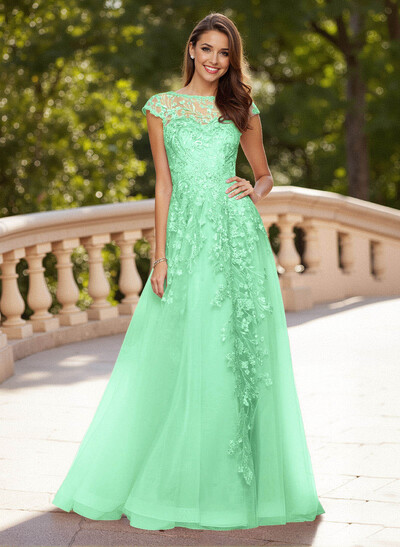 Dreamy Illusion Neck Cap Straps A-Line Sweep Train Lace/Tulle Prom Dresses
