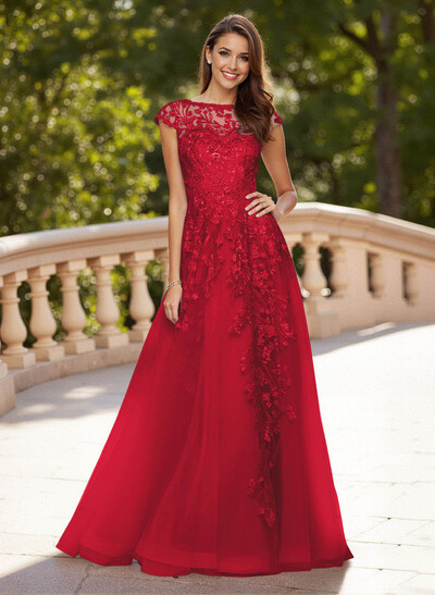 Dreamy Illusion Neck Cap Straps A-Line Sweep Train Lace/Tulle Prom Dresses