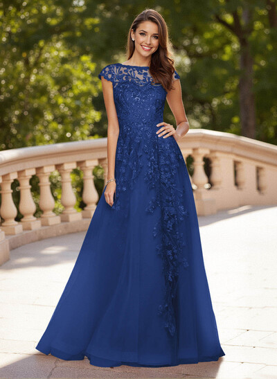 Dreamy Illusion Neck Cap Straps A-Line Sweep Train Lace/Tulle Prom Dresses