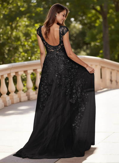 Dreamy Illusion Neck Cap Straps A-Line Sweep Train Lace/Tulle Prom Dresses
