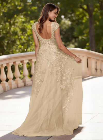 Dreamy Illusion Neck Cap Straps A-Line Sweep Train Lace/Tulle Prom Dresses