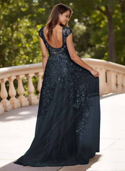 Dreamy Illusion Neck Cap Straps A-Line Sweep Train Lace/Tulle Prom Dresses