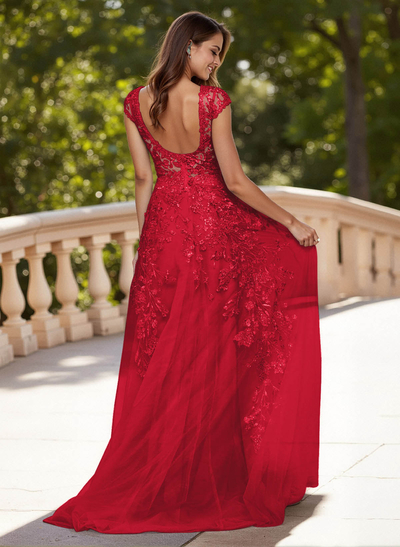 Dreamy Illusion Neck Cap Straps A-Line Sweep Train Lace/Tulle Prom Dresses