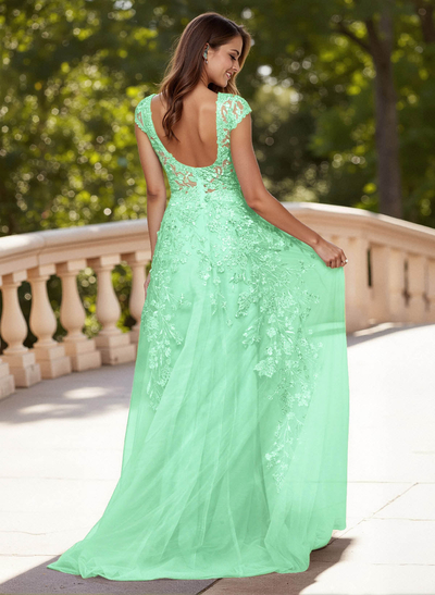 Dreamy Illusion Neck Cap Straps A-Line Sweep Train Lace/Tulle Prom Dresses