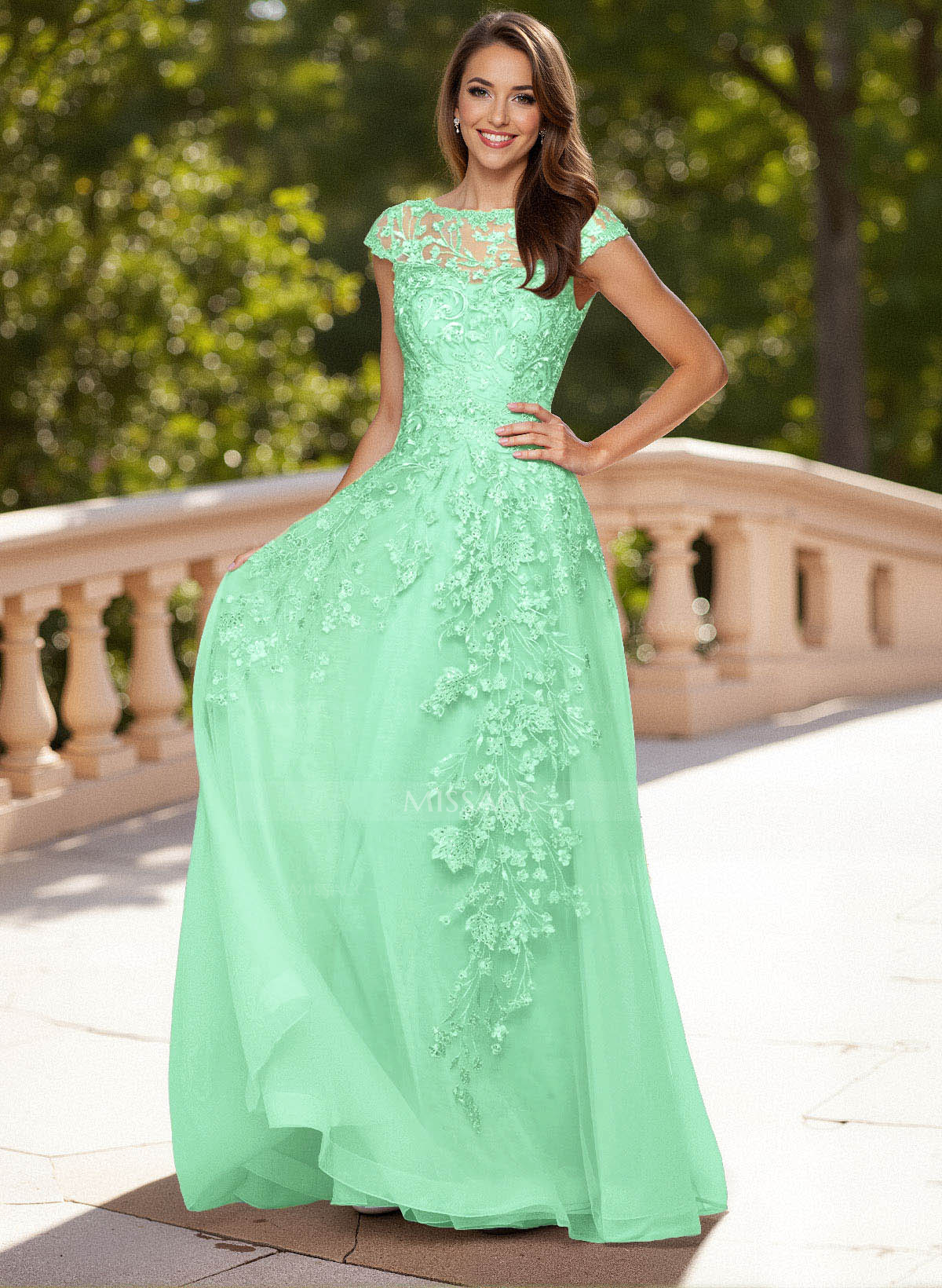 Dreamy Illusion Neck Cap Straps A-Line Sweep Train Lace/Tulle Prom Dresses
