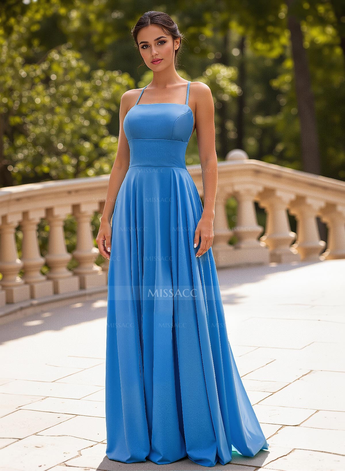 Classic A-Line Spaghetti Straps Chiffon Prom Dresses With Lace Up Back