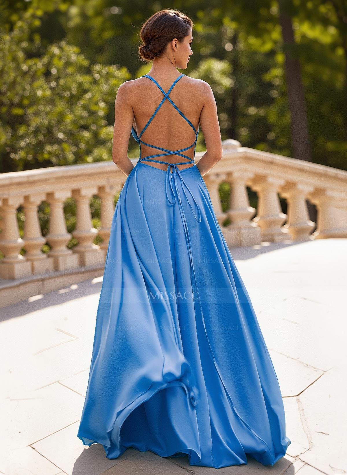 Classic A-Line Spaghetti Straps Chiffon Prom Dresses With Lace Up Back