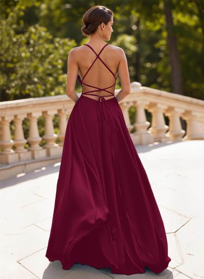 Classic A-Line Spaghetti Straps Chiffon Prom Dresses With Lace Up Back