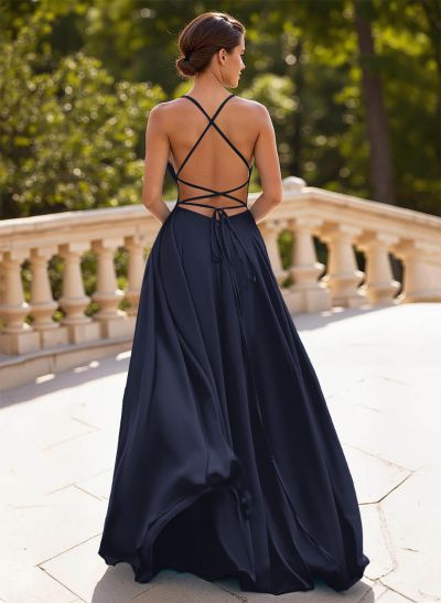 Classic A-Line Spaghetti Straps Chiffon Prom Dresses With Lace Up Back