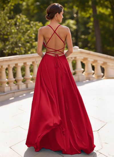 Classic A-Line Spaghetti Straps Chiffon Prom Dresses With Lace Up Back