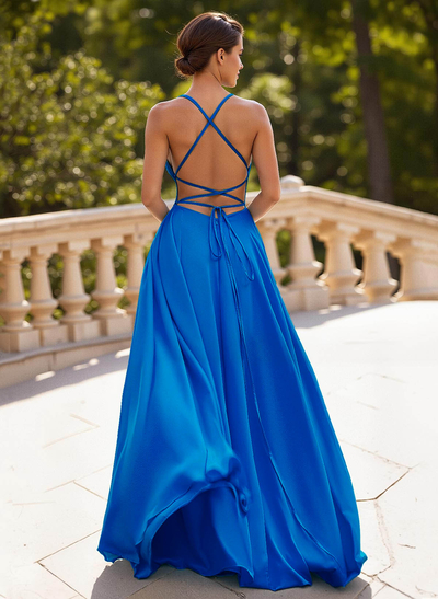Classic A-Line Spaghetti Straps Stretch Satin Prom Dresses With Lace Up Back