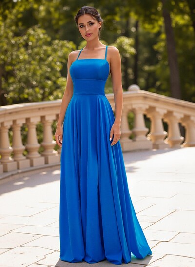 Classic A-Line Spaghetti Straps Stretch Satin Prom Dresses With Lace Up Back