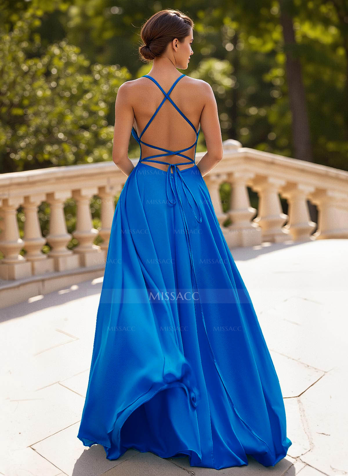 Classic A-Line Spaghetti Straps Stretch Satin Prom Dresses With Lace Up Back