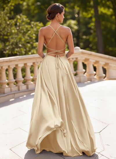 Classic A-Line Spaghetti Straps Stretch Satin Prom Dresses With Lace Up Back