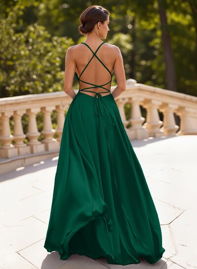 Classic A-Line Spaghetti Straps Stretch Satin Prom Dresses With Lace Up Back