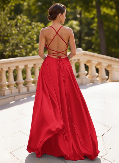 Classic A-Line Spaghetti Straps Stretch Satin Prom Dresses With Lace Up Back