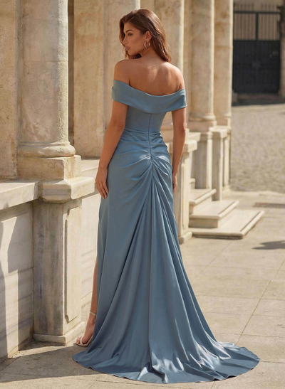 Simple Off-The-Shoulder Ruched High Split Sweep Train Crepe Satin Mother Of The Bride Dresses