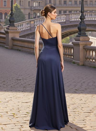 Elegant A-Line One-Shoulder Satin Prom Dresses With Split Front