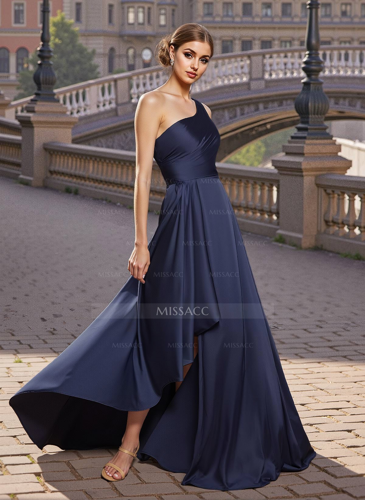 Elegant A-Line One-Shoulder Satin Prom Dresses With Split Front