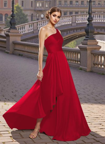 Elegant A-Line One-Shoulder Satin Prom Dresses With Split Front