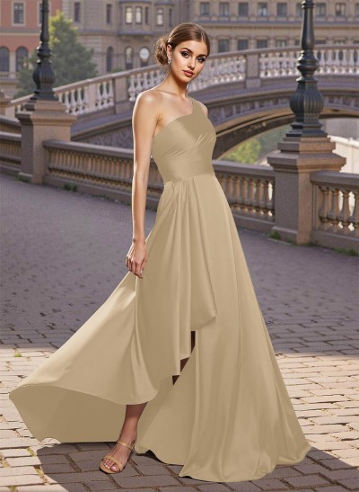 Elegant A-Line One-Shoulder Satin Prom Dresses With Split Front