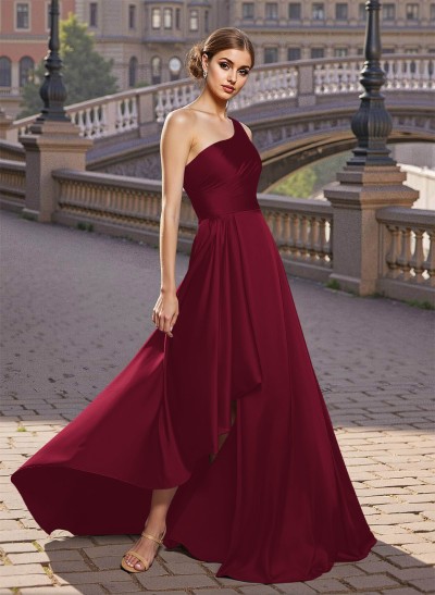 Elegant A-Line One-Shoulder Satin Prom Dresses With Split Front