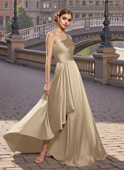 Elegant A-Line One-Shoulder Satin Prom Dresses With Split Front