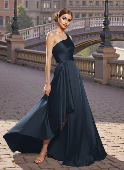 Elegant A-Line One-Shoulder Satin Prom Dresses With Split Front