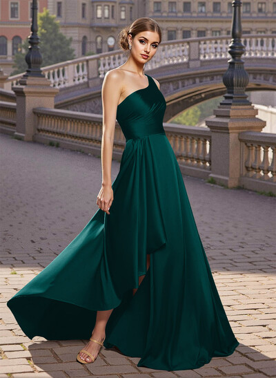 Elegant A-Line One-Shoulder Satin Prom Dresses With Split Front