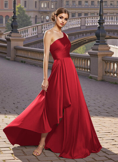 Elegant A-Line One-Shoulder Satin Prom Dresses With Split Front