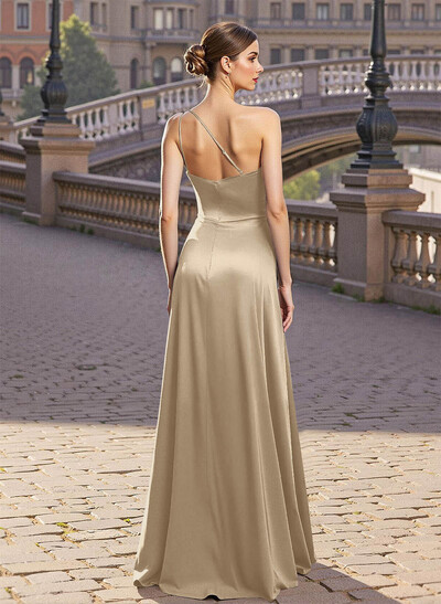 Elegant A-Line One-Shoulder Satin Prom Dresses With Split Front