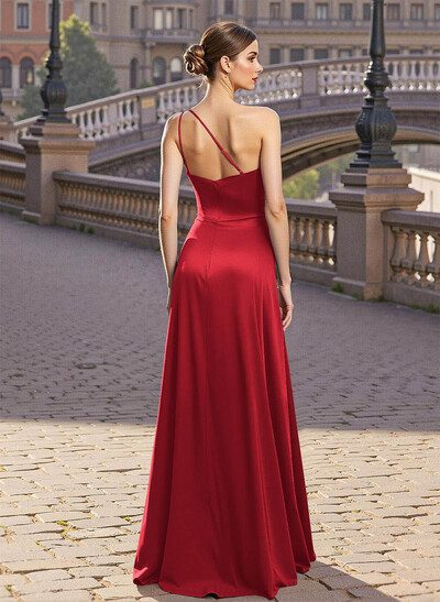 Elegant A-Line One-Shoulder Satin Prom Dresses With Split Front
