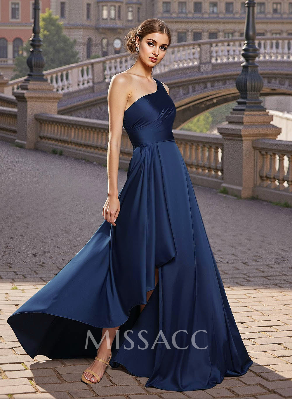 Elegant A-Line One-Shoulder Satin Prom Dresses With Split Front