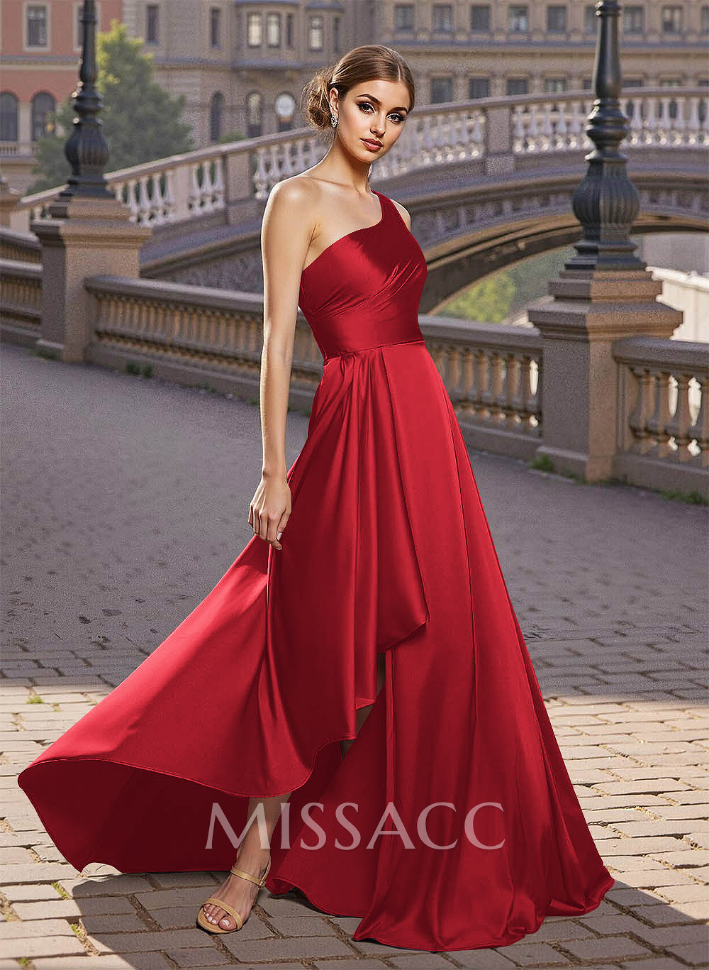 Elegant A-Line One-Shoulder Satin Prom Dresses With Split Front