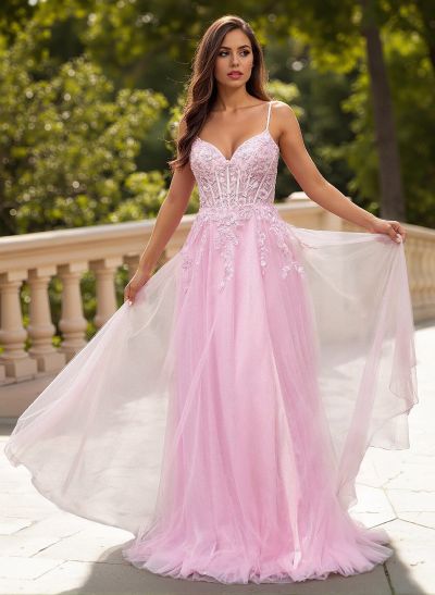 Sweet & Flow A-Line V-Neck Lace/Tulle/Silk Like Satin Prom Dresses With Appliques Lace