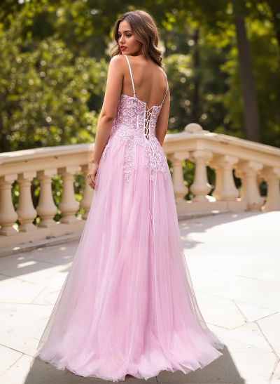 Sweet & Flow A-Line V-Neck Lace/Tulle/Silk Like Satin Prom Dresses With Appliques Lace