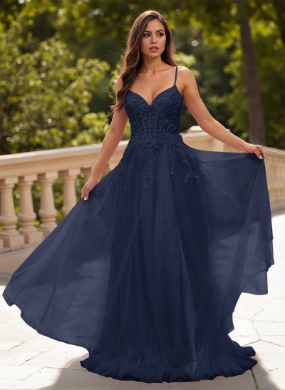 Sweet & Flow A-Line V-Neck Lace/Tulle/Silk Like Satin Prom Dresses With Appliques Lace