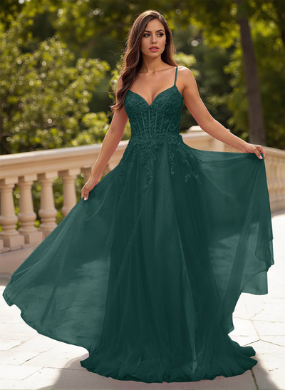 Sweet & Flow A-Line V-Neck Lace/Tulle/Silk Like Satin Prom Dresses With Appliques Lace