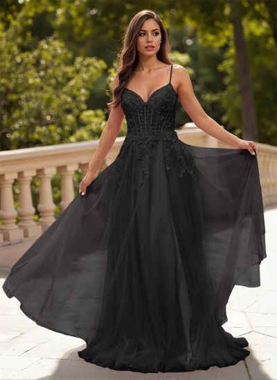 Sweet & Flow A-Line V-Neck Lace/Tulle/Silk Like Satin Prom Dresses With Appliques Lace