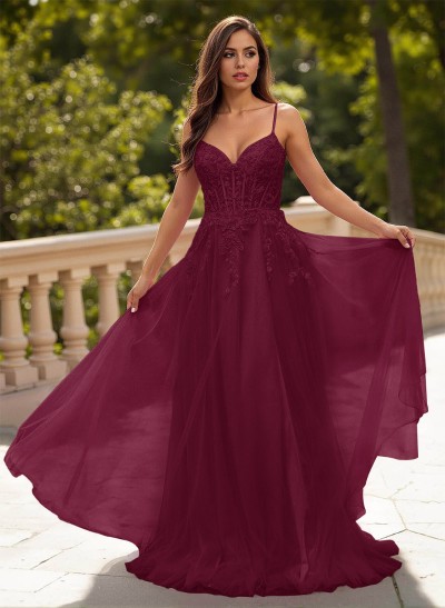 Sweet & Flow A-Line V-Neck Lace/Tulle/Silk Like Satin Prom Dresses With Appliques Lace