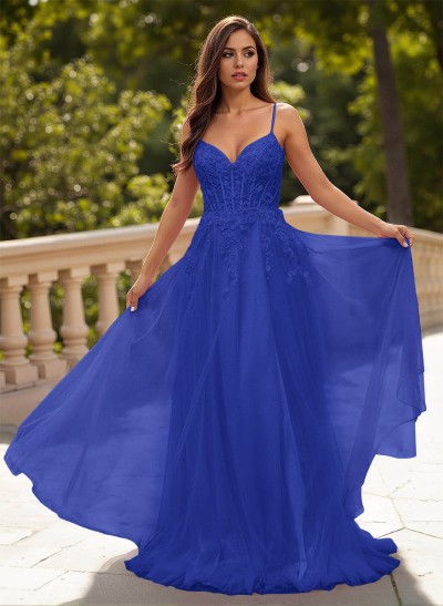 Sweet & Flow A-Line V-Neck Lace/Tulle/Silk Like Satin Prom Dresses With Appliques Lace