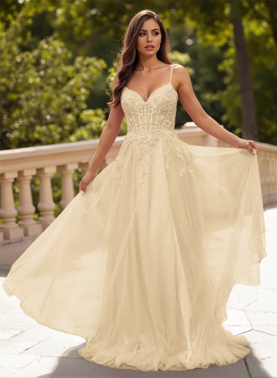 Sweet & Flow A-Line V-Neck Lace/Tulle/Silk Like Satin Prom Dresses With Appliques Lace