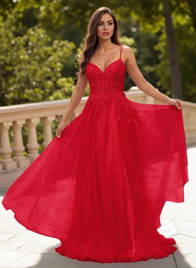 Sweet & Flow A-Line V-Neck Lace/Tulle/Silk Like Satin Prom Dresses With Appliques Lace
