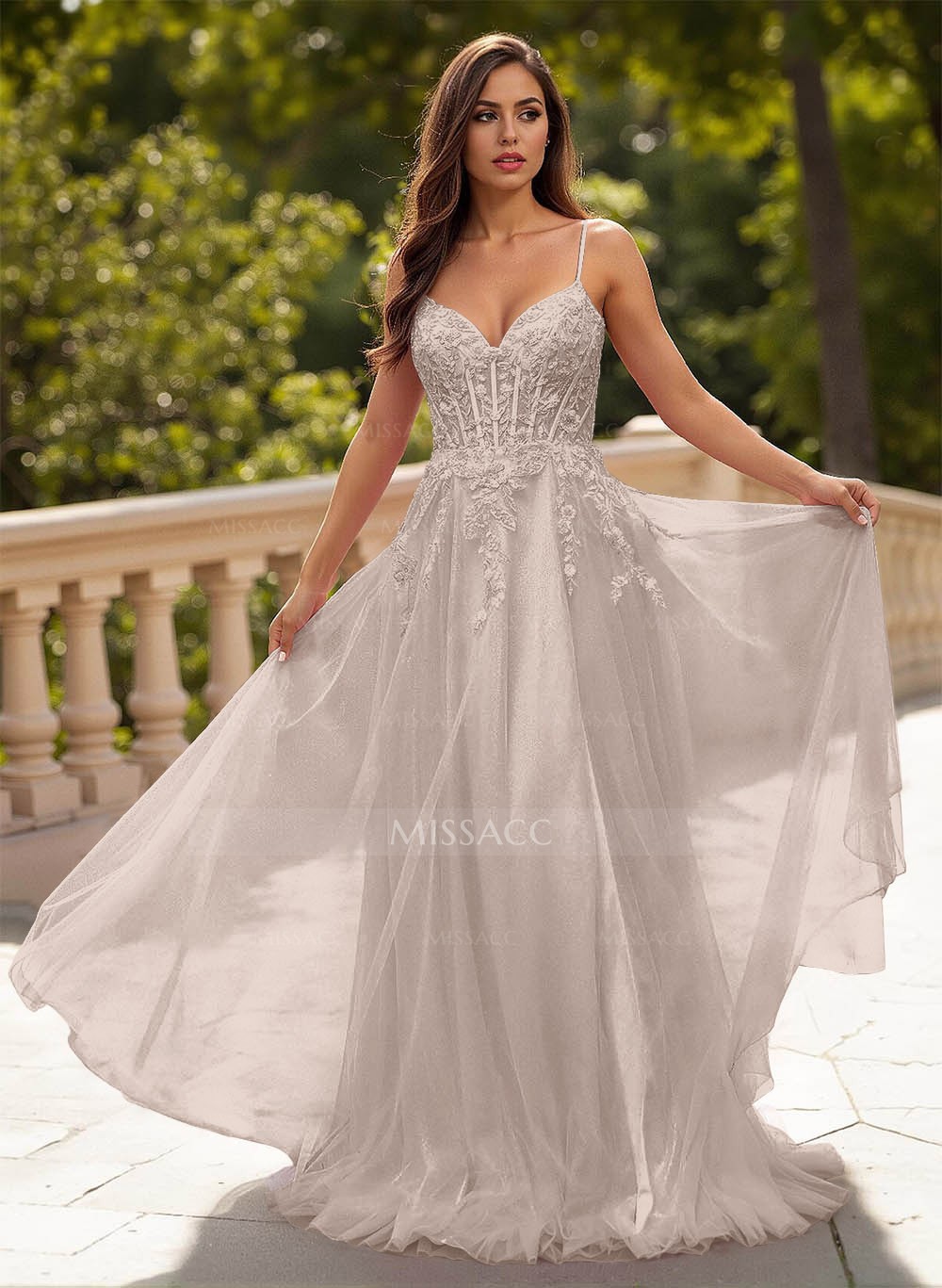 Sweet Flow A-Line V-Neck Lace/Tulle/Silk Like Satin Prom Dresses